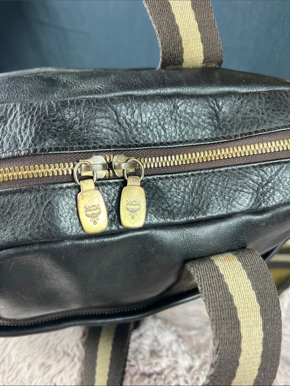 MCM München Vintage Black Leather Briefcase Laptop Messenger Shoulder Bag EUC